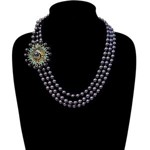 LUX COUTURE Multistrand Navy Pearl & GoldTone Jeweled Medallion Necklace | NWT